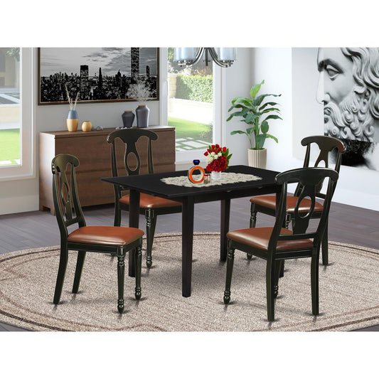 East West Furniture NOKE5-BLK-LC 5-Pc Dining Room Set 4 Dining Room Chairs with Napoleon Back and a Faux Leather Seat and Wooden Dining Table with Butterfly Leaf Rectangular Top and 4 Legs- Black Fini