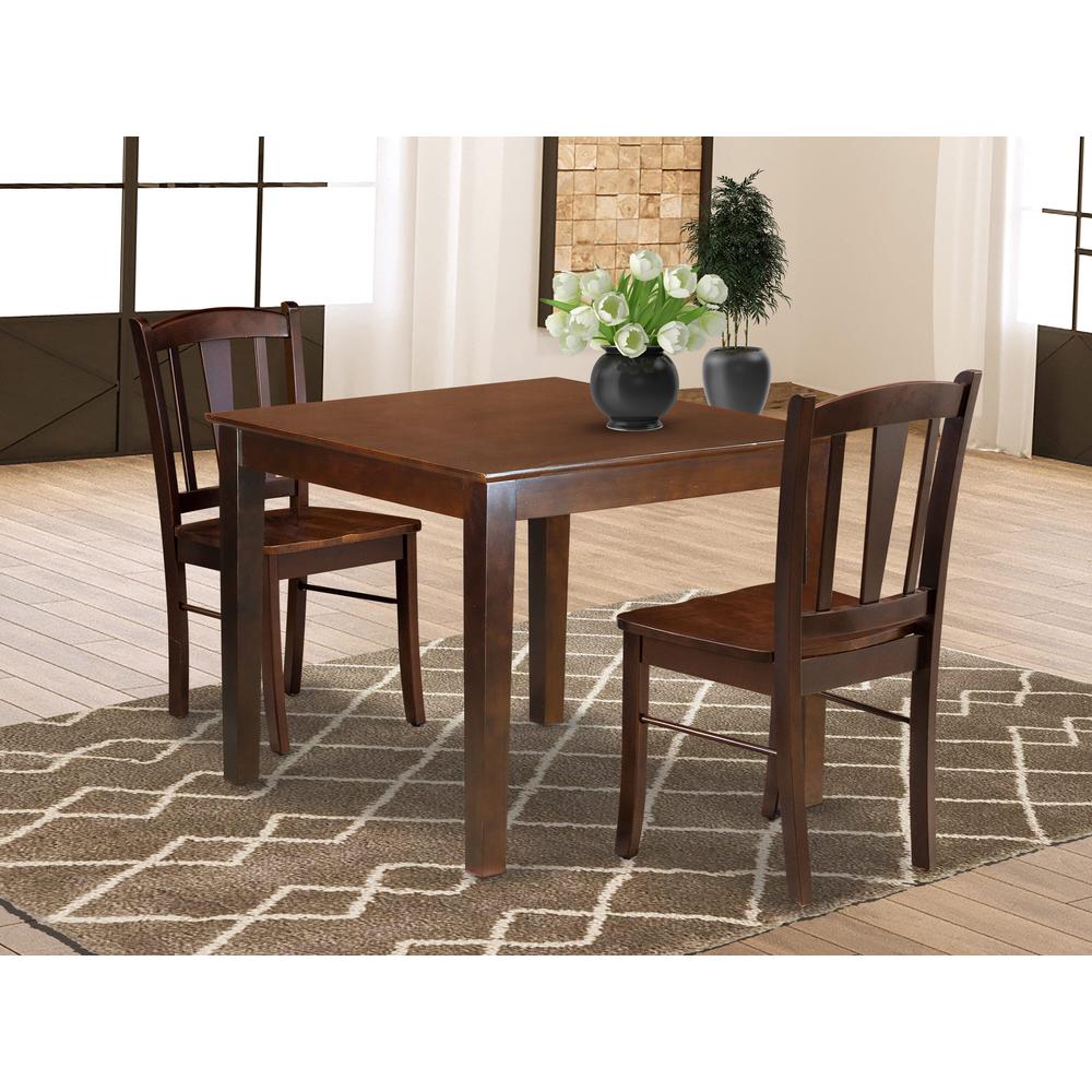 OXDL3-MAH-W - 3-Pc Dining Room Table Set- 2 Wooden Chair and Kitchen Dining Table - Wooden Seat and Slatted Chair Back - Mahogany Finish