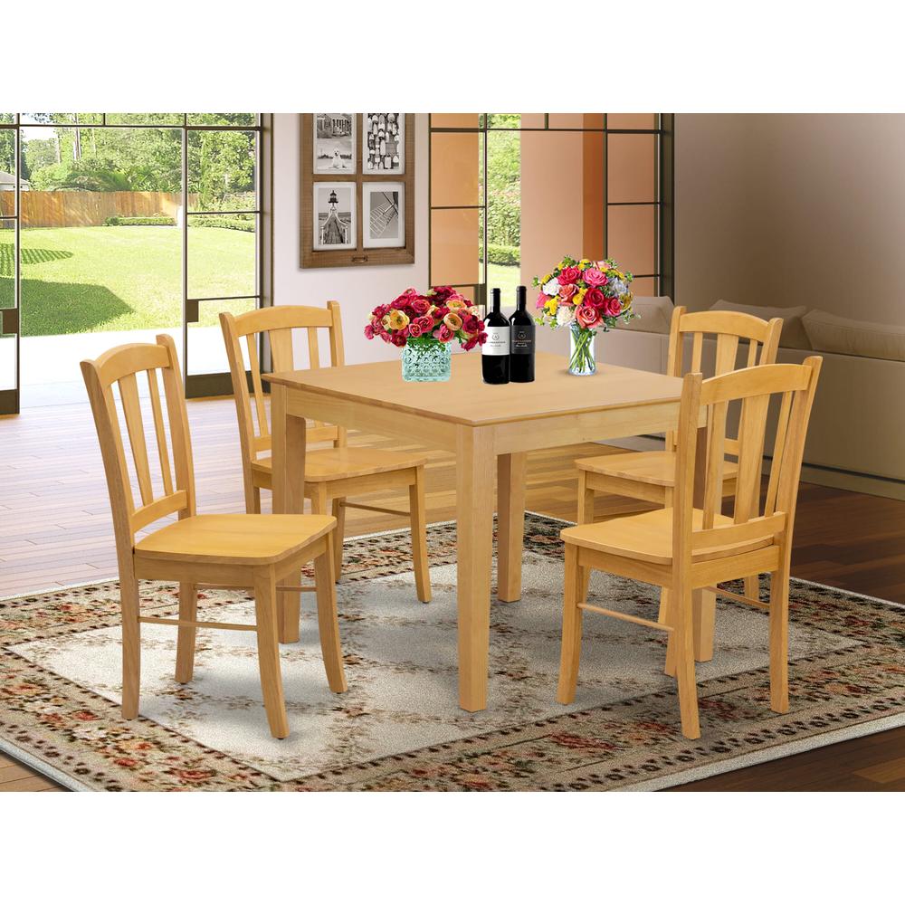 OXDL5-OAK-W - 5-Piece Dining Room Table Set- 4 Wooden Chair and Wood Dining Table - Wooden Seat and Slatted Chair Back - Oak Finish