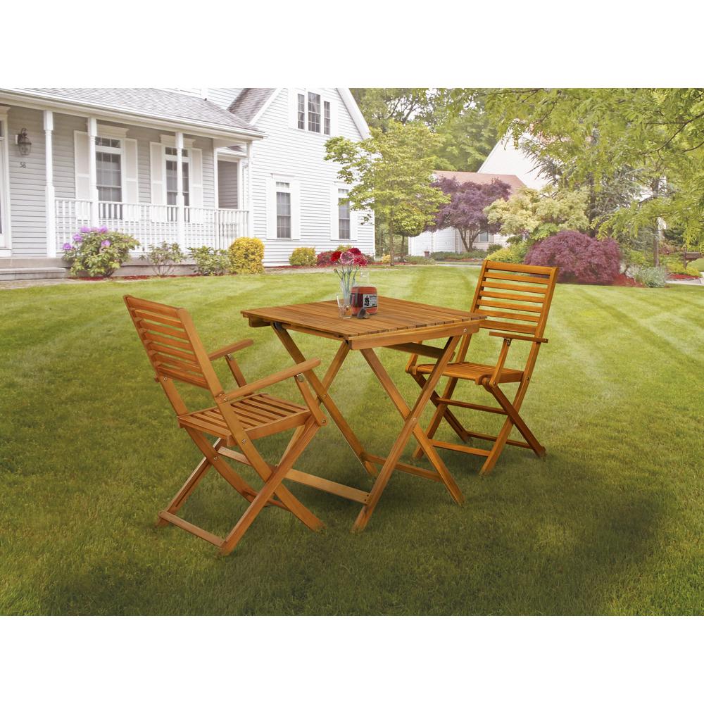 East West Furniture 3-Piece Outdoor Dining Table Set Includes a Foldable Dining Table and 2 Outdoor Arm Chairs Perfect for Garden, Terrace, Bistro, and Porch - Natural Oil Finish