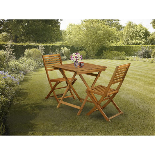 East West Furniture 3-Piece Outdoor Dining Set Contains a Folding Camping Table and 2 Outdoor Side Chairs Suitable for Garden, Terrace, Bistro, and Porch - Natural Oil Finish