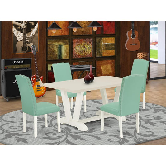 V026EN257-5 5 Pc Dining Room Set Contains a Linen White Dining Table and 4 Pond PU Leather Dining Chairs with High Back - Wire Brushed Linen White Finish