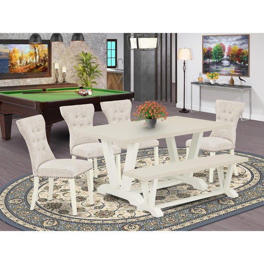 V026GA235-6 6-Piece Kitchen Dinette Set-Doeskin Linen Fabric Seat and Button Tufted Chair Back Parson dining room chairs, A Rectangular Bench and Rectangular top Kitchen Table with Wooden Legs - Linen