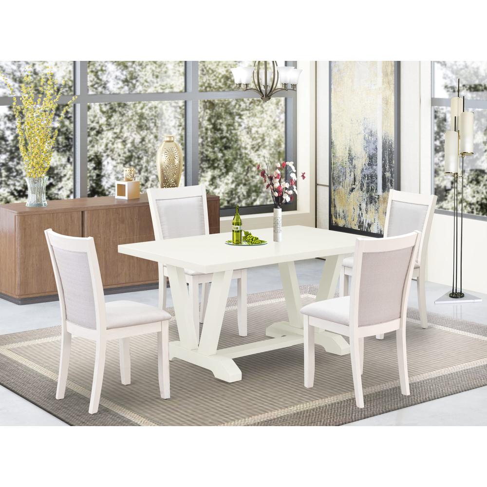 V026MZ001-5 5-Piece Table Set Contains a Rectangular Table and 4 Cream Parson Dining Chairs - Wire Brushed Linen White Finish