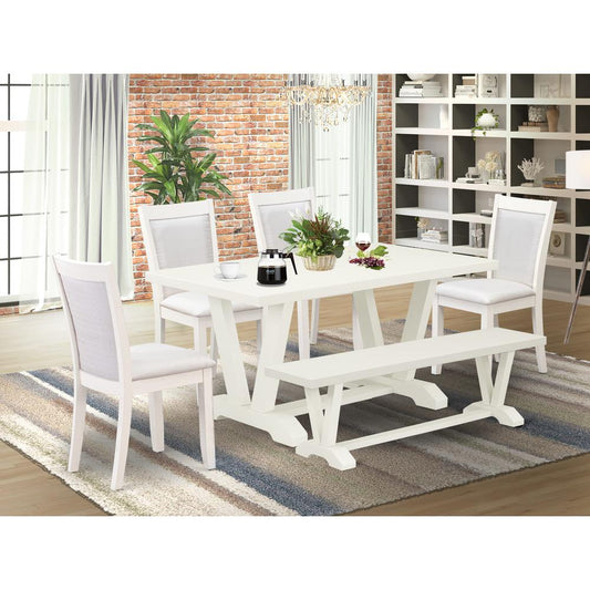 V026MZ001-6 6-Pc Table Set Contains a Dining Table - 4 Cream Dining Chairs and a Wood Bench - Wire Brushed Linen White Finish