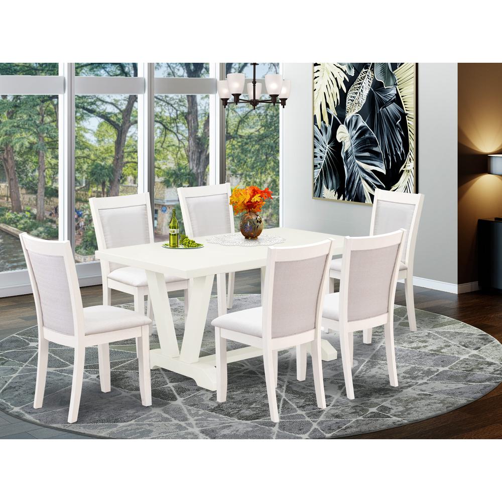 V026MZ001-7 7-Piece Kitchen Dining Table Set Contains a Wooden Table and 6 Cream Dining Chairs - Wire Brushed Linen White Finish