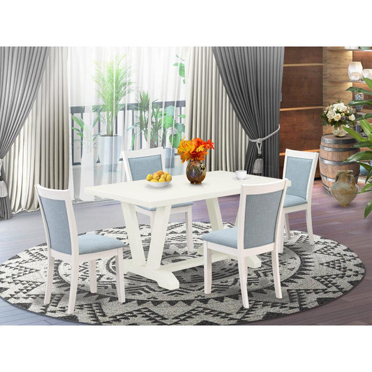 V026MZ015-5 5-Piece Dining Room Set Contains a Dining Table and 4 Baby Blue Upholstered Chairs - Wire Brushed Linen White Finish