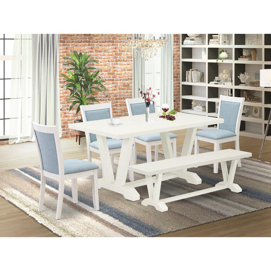 V026MZ015-6 6-Pc Table Set Contains a Wood Table - 4 Baby Blue Parson Chairs and a Small Bench - Wire Brushed Linen White Finish