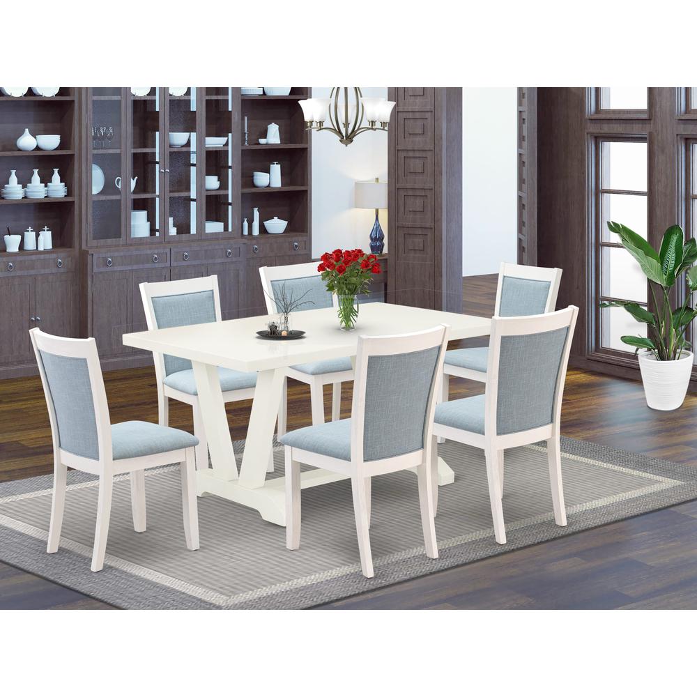 V026MZ015-7 7-Piece Modern Dining Set Contains a Dining Table and 6 Baby Blue Dining Chairs - Wire Brushed Linen White Finish