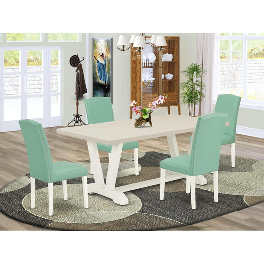 East West Furniture 5 Pc Mid Century Dining Set Consists of a Linen White Wood Table and 4 Pond PU Leather Upholstered Dining Chairs with High Back - Wire Brushed Linen White Finish