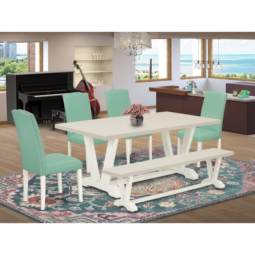 East West Furniture 6 Piece Table Set Consists of a Linen White Wooden Table and a Wooden Dining Bench, 4 Pond PU Leather Dinning Chairs with High Back - Wire Brushed Linen White Finish