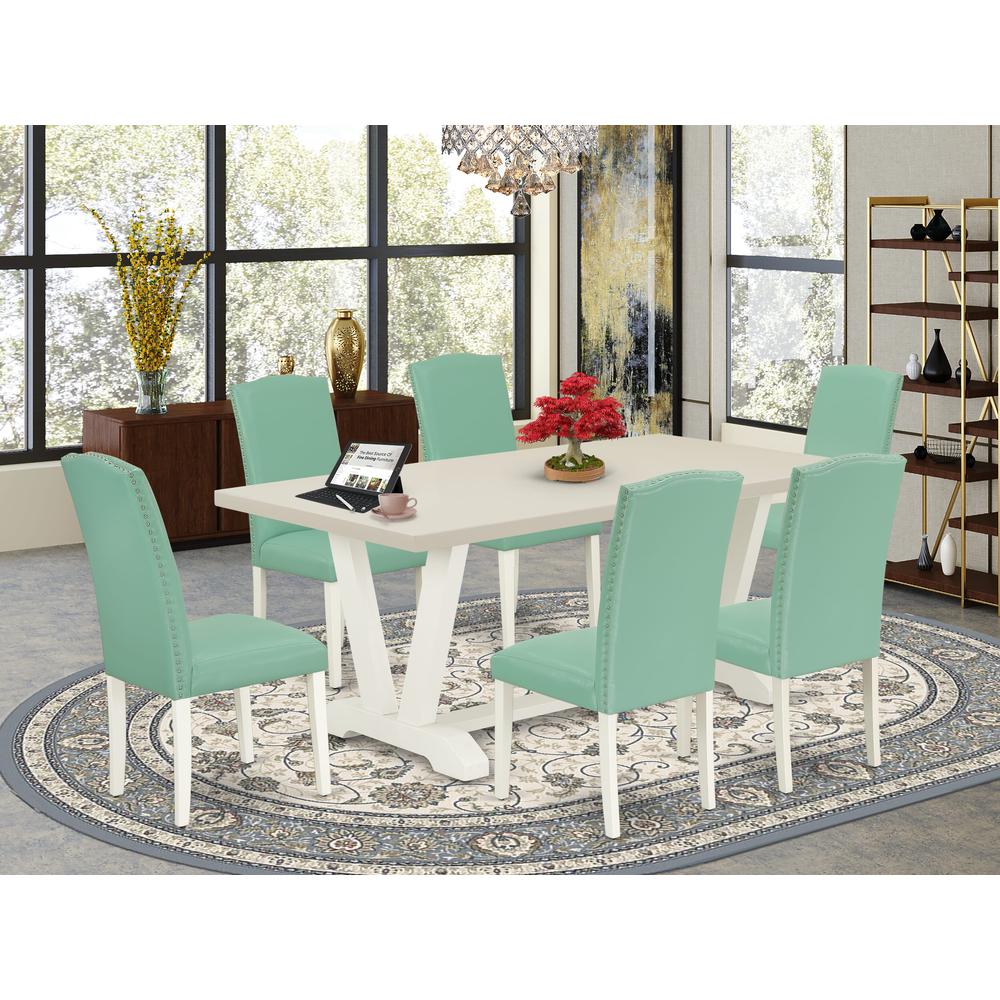 East West Furniture 7 Piece Mid Century Dining Set Contains a Linen White Rectangular Table and 6 Pond PU Leather Upholstered Chairs with High Back - Wire Brushed Linen White Finish