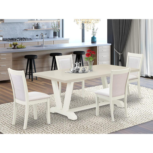 East West Furniture 5-Pc Modern Dining Set Includes a Mid Century Dining Table and 4 Cream Linen Fabric Upholstered Chairs with Stylish Back - Wire Brushed Linen White Finish