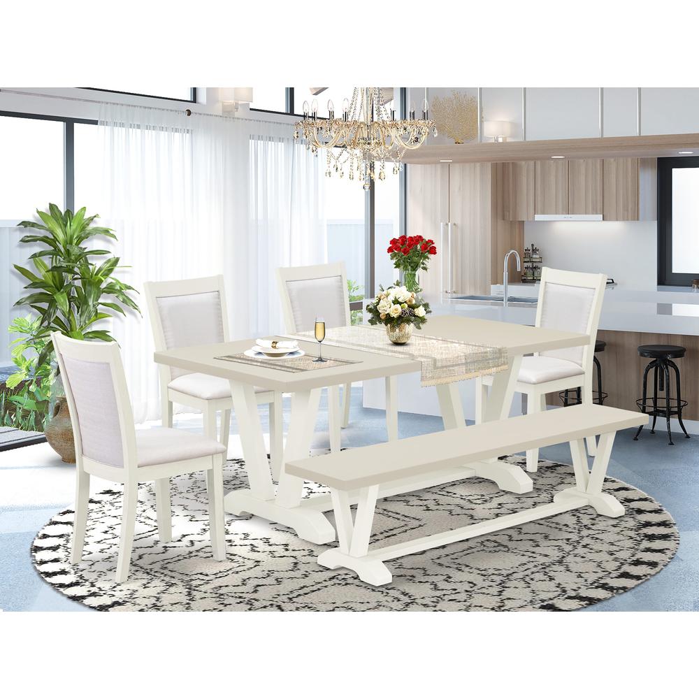 East West Furniture 6-Pc Modern Dining Set Includes a Dinner Table - 4 Cream Linen Fabric Padded Chairs with Stylish Back and a Dining Room Bench - Wire Brushed Linen White Finish