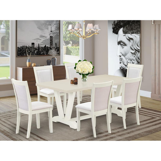 East West Furniture 7-Pc Dinner Table Set Includes a Modern Dining Table and 6 Cream Linen Fabric Dining Chairs with Stylish Back - Wire Brushed Linen White Finish