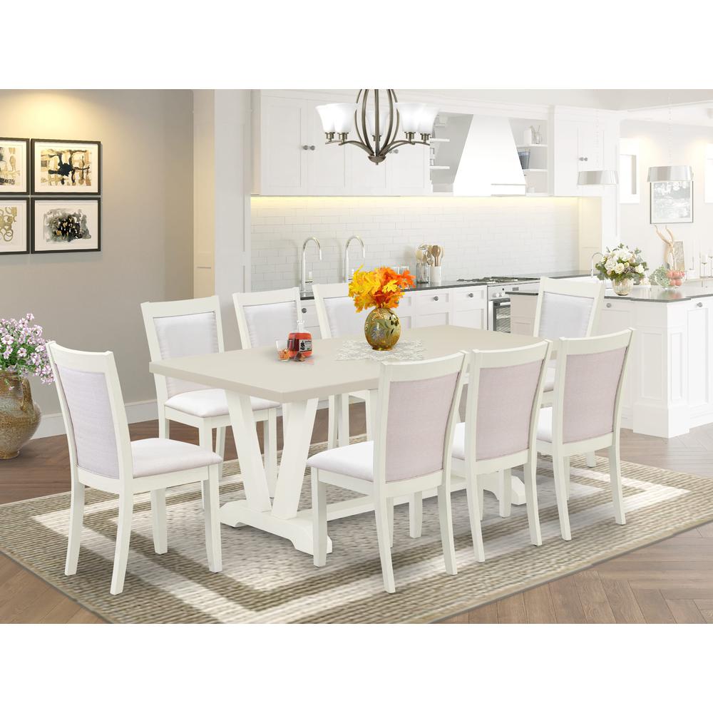 East West Furniture 9-Pc Dinette Set Includes a Wooden Table and 8 Cream Linen Fabric Dining Chairs with Stylish Back - Wire Brushed Linen White Finish