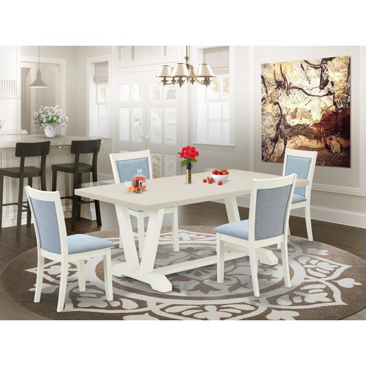 East West Furniture 5-Pc Table Set Includes a Dining Table and 4 Baby Blue Linen Fabric Dinning Room Chairs with Stylish Back - Wire Brushed Linen White Finish