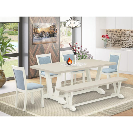 East West Furniture 6-Pc Table Set Includes a Wood Dining Table - 4 Baby Blue Linen Fabric Upholstered Chairs with Stylish Back and a Wood Bench - Wire Brushed Linen White Finish