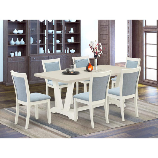 East West Furniture 7-Pc Kitchen Dining Table Set Includes a Dinning Table and 6 Baby Blue Linen Fabric Dining Chairs with Stylish Back - Wire Brushed Linen White Finish