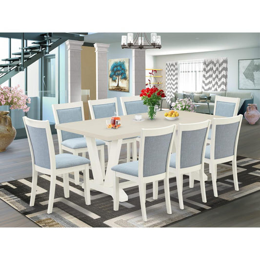 East West Furniture 9-Pc Dining Room Table Set Includes a Rectangular Table and 8 Baby Blue Linen Fabric Dining Chairs with Stylish Back - Wire Brushed Linen White Finish