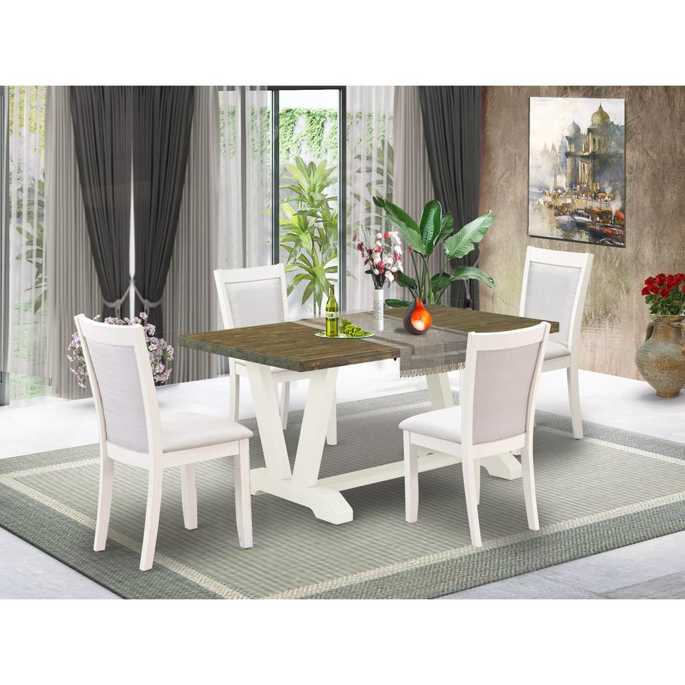 V076MZ001-5 5-Piece Kitchen Dining Table Set Consists of a Wood Table and 4 Cream Padded Chairs - Wire Brushed Linen White Finish