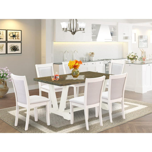 V076MZ001-7 7-Piece Dining Room Table Set Consists of a Wooden Table and 6 Cream Dinner Chairs - Wire Brushed Linen White Finish