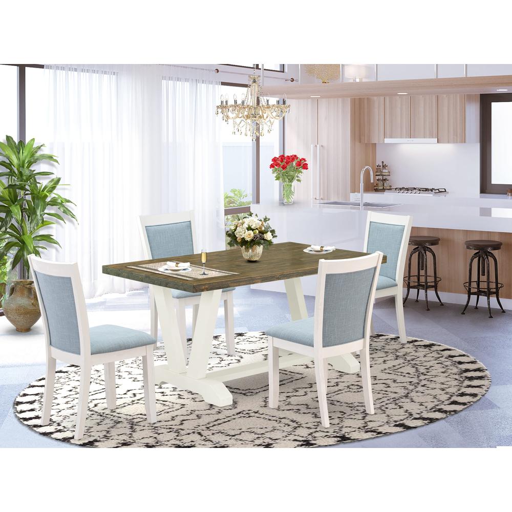 V076MZ015-5 5-Piece Modern Dining Set Consists of a Dining Table and 4 Baby Blue Parson Chairs - Wire Brushed Linen White Finish