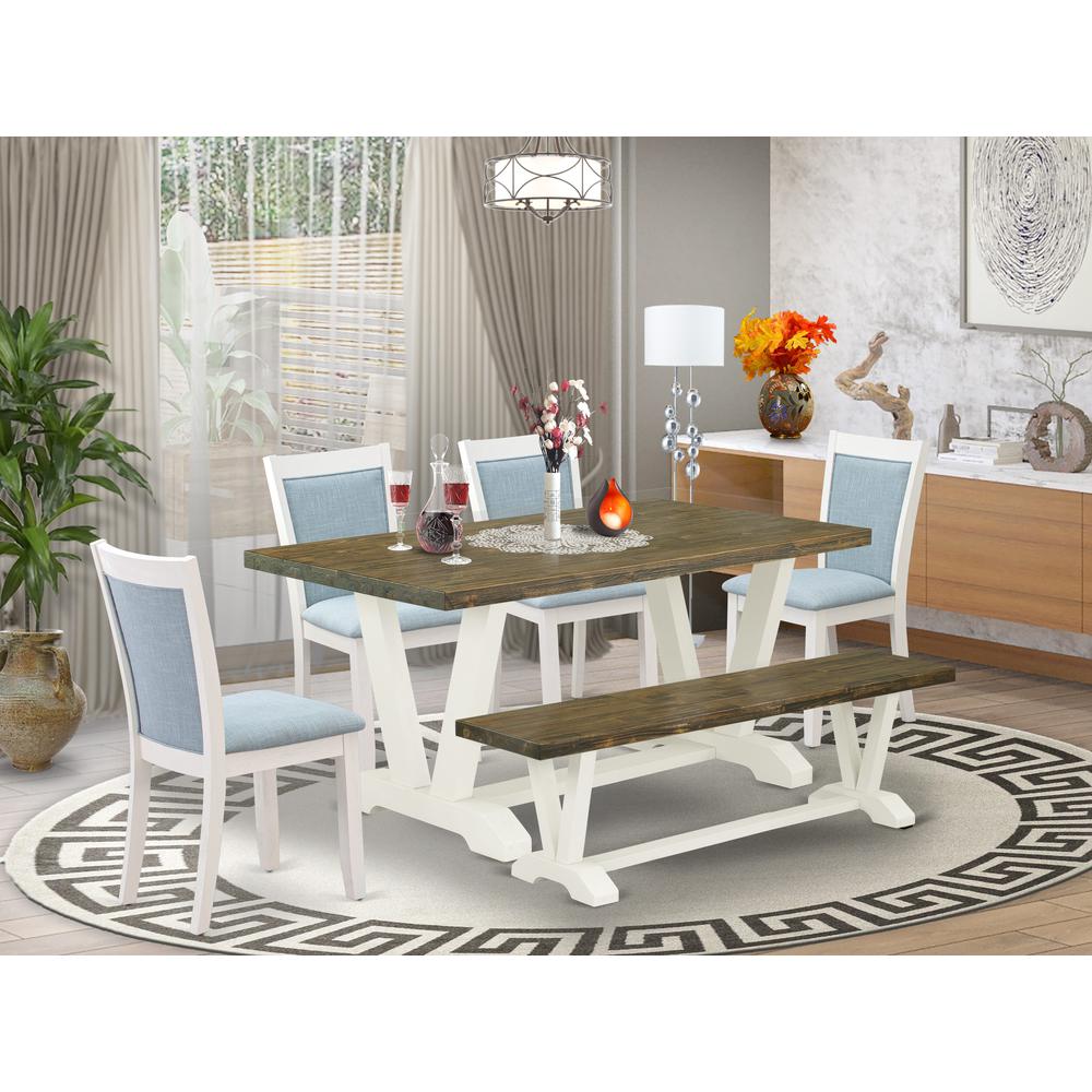 V076MZ015-6 6-Pc Dining Set Consists of a Wood Table - 4 Baby Blue Parson Chairs and a Bench - Wire Brushed Linen White Finish