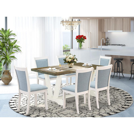 V076MZ015-7 7-Piece Dinner Table Set Consists of a Wooden Table and 6 Baby Blue Dining Chairs - Wire Brushed Linen White Finish