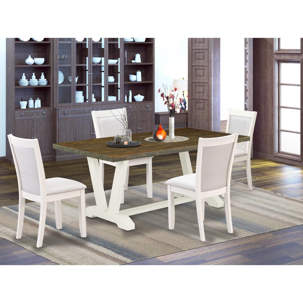 East West Furniture 5-Pc Dinner Table Set Contains a Rectangular Table and 4 Cream Linen Fabric Dining Chairs with Stylish Back - Wire Brushed Linen White Finish