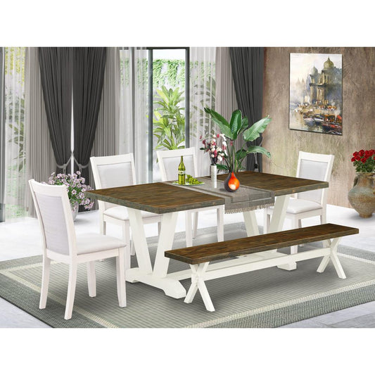 East West Furniture 6-Pc Dinner Table Set Contains a Wood Table - 4 Cream Linen Fabric Dining Chairs with Stylish Back and a Wood Bench - Wire Brushed Linen White Finish