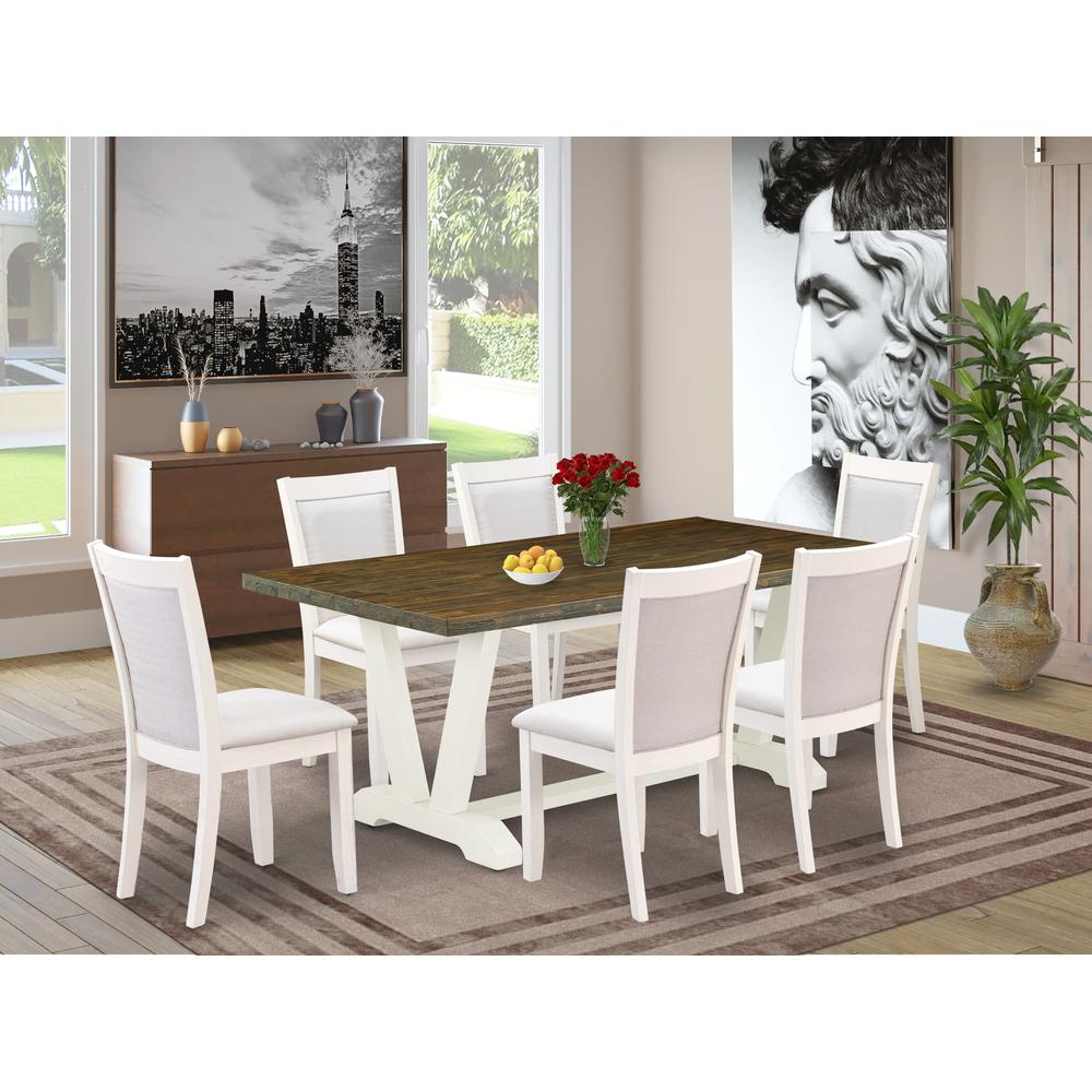 East West Furniture 7-Pc Dinette Set Contains a Wood Dining Table and 6 Cream Linen Fabric Parson Chairs with Stylish Back - Wire Brushed Linen White Finish