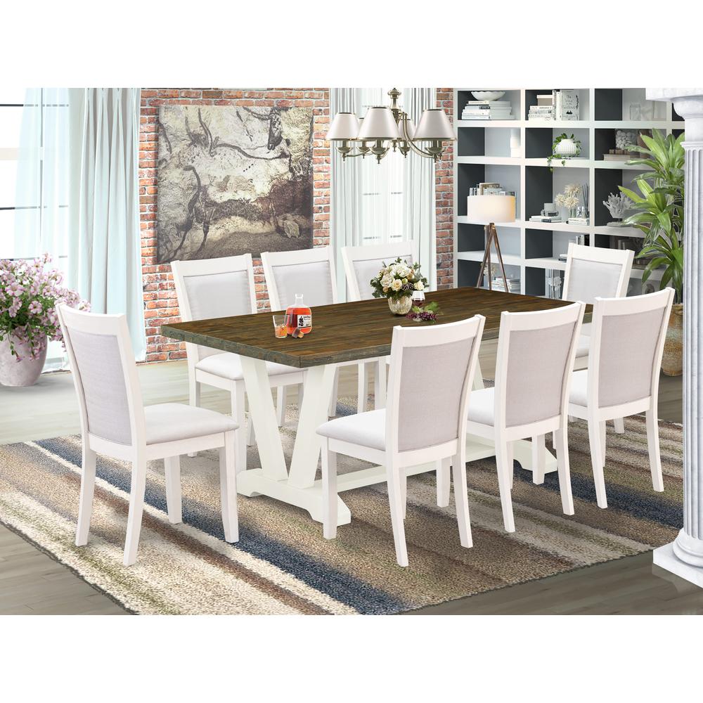 East West Furniture 9-Pc Dining Set Contains a Dining Table and 8 Cream Linen Fabric Dining Room Chairs with Stylish Back - Wire Brushed Linen White Finish