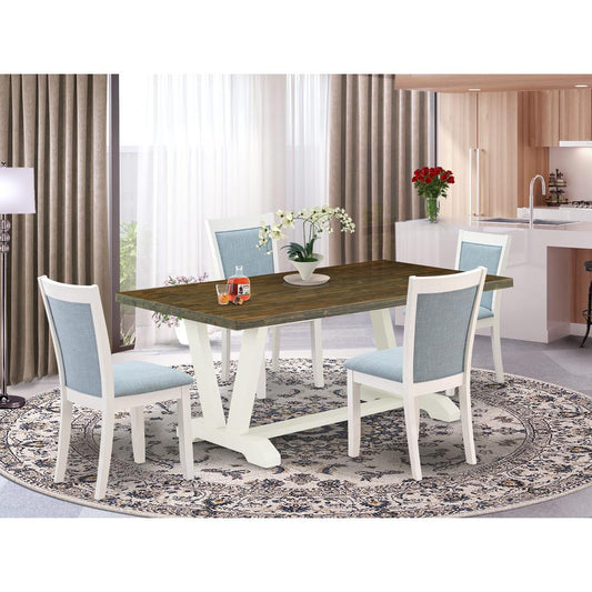 East West Furniture 5-Pc Kitchen Dining Table Set Contains a Dining Table and 4 Baby Blue Linen Fabric Upholstered Chairs with Stylish Back - Wire Brushed Linen White Finish