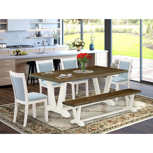 East West Furniture 6-Pc Kitchen Table Set Contains a Wooden Dining Table - 4 Baby Blue Linen Fabric Dining Chairs with Stylish Back and a Wood Bench - Wire Brushed Linen White Finish