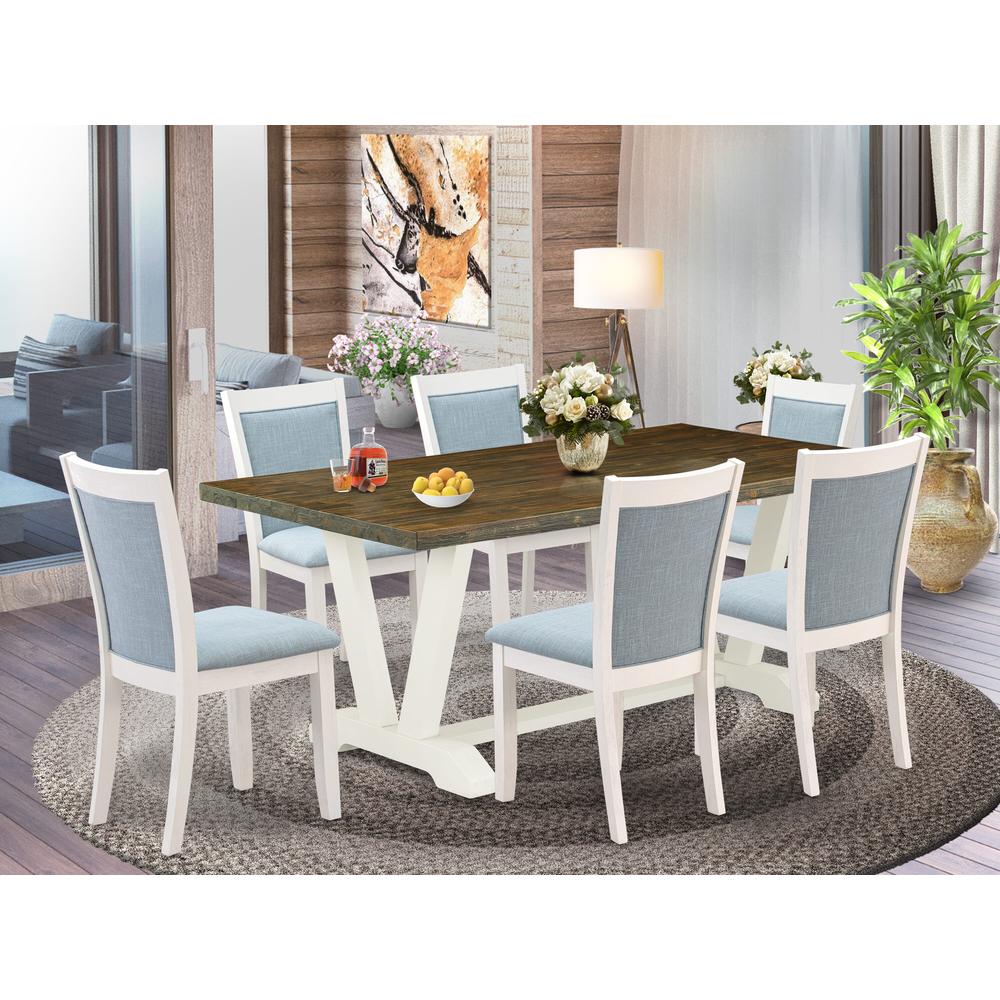 East West Furniture 7-Pc Dining Room Table Set Contains a Dining Table and 6 Baby Blue Linen Fabric Dining Room Chairs with Stylish Back - Wire Brushed Linen White Finish