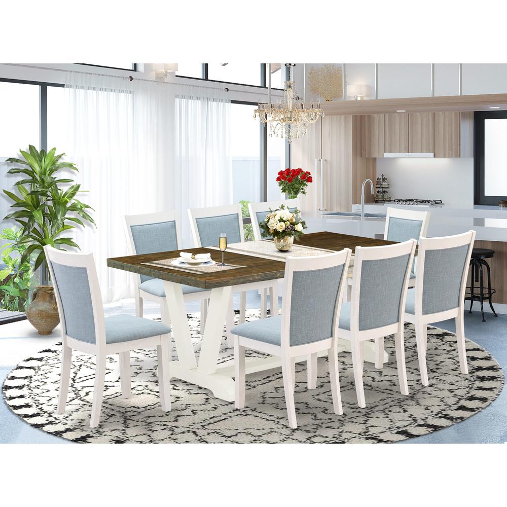 East West Furniture 9-Pc Dining Table Set Contains a Modern Table and 8 Baby Blue Linen Fabric Dining Chairs with Stylish Back - Wire Brushed Linen White Finish