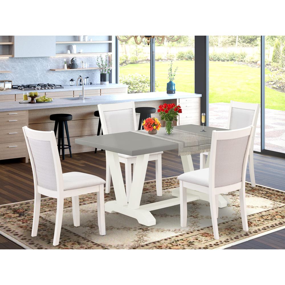 East West Furniture 5-Piece Dining Room Table Set Includes a Wood Dining Table and 4 Cream Linen Fabric Upholstered Chairs with Stylish Back - Wire Brushed Linen White Finish