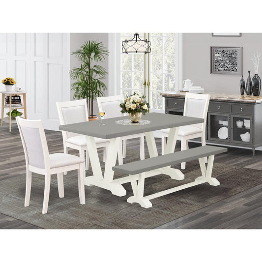 East West Furniture 6-Piece Dining Table Set Includes a Wood Dining Table - 4 Cream Linen Fabric Upholstered Chairs with Stylish Back and a Small Bench - Wire Brushed Linen White Finish