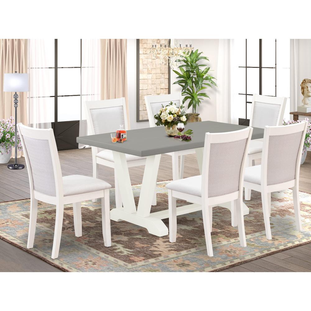 East West Furniture 7-Piece Dining Table Set Includes a Rectangular Dining Table and 6 Cream Linen Fabric Kitchen Chairs with Stylish Back - Wire Brushed Linen White Finish