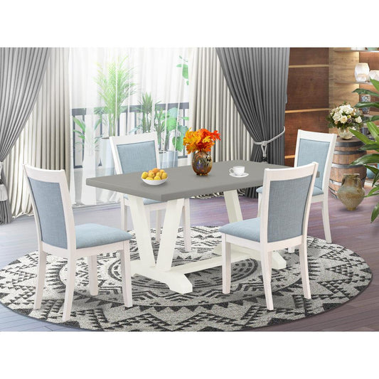 East West Furniture 5-Piece Dinner Table Set Includes a Kitchen Table and 4 Baby Blue Linen Fabric Dining Chairs with Stylish Back - Wire Brushed Linen White Finish