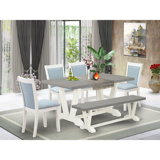 East West Furniture 6-Piece Dinner Table Set Includes a Modern Table - 4 Baby Blue Linen Fabric Dining Chairs with Stylish Back and a Small Bench - Wire Brushed Linen White Finish