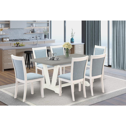 East West Furniture 7-Piece Dinette Set Includes a Modern Dining Table and 6 Baby Blue Linen Fabric Parsons Chairs with Stylish Back - Wire Brushed Linen White Finish