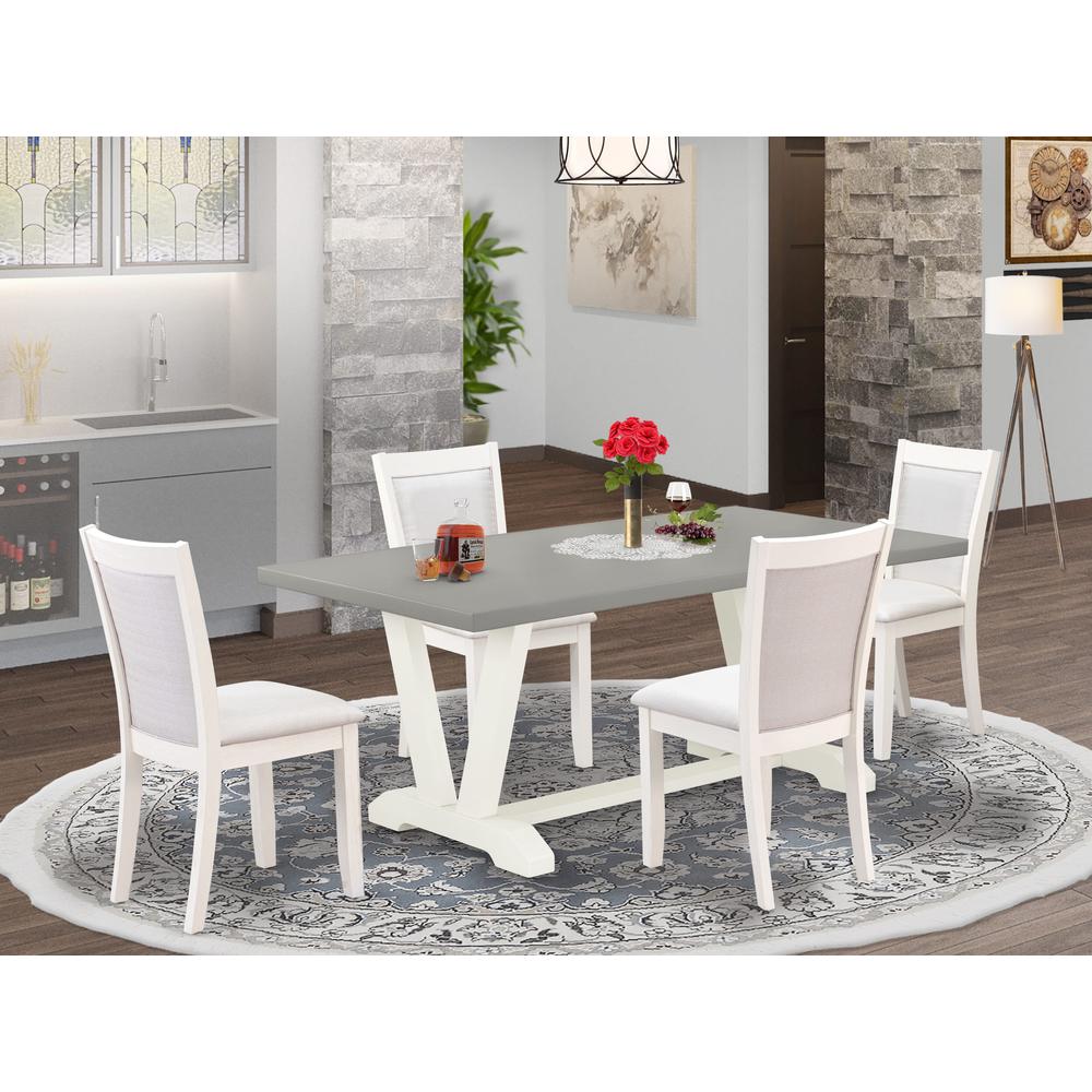 East West Furniture 5-Pc Dinette Set Consists of a Mid Century Table and 4 Cream Linen Fabric Dining Chairs with Stylish Back - Wire Brushed Linen White Finish