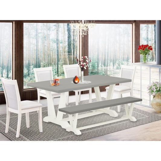 East West Furniture 6-Pc Dinette Set Consists of a Wooden Table - 4 Cream Linen Fabric Parson Chairs with Stylish Back and a Wooden Bench - Wire Brushed Linen White Finish