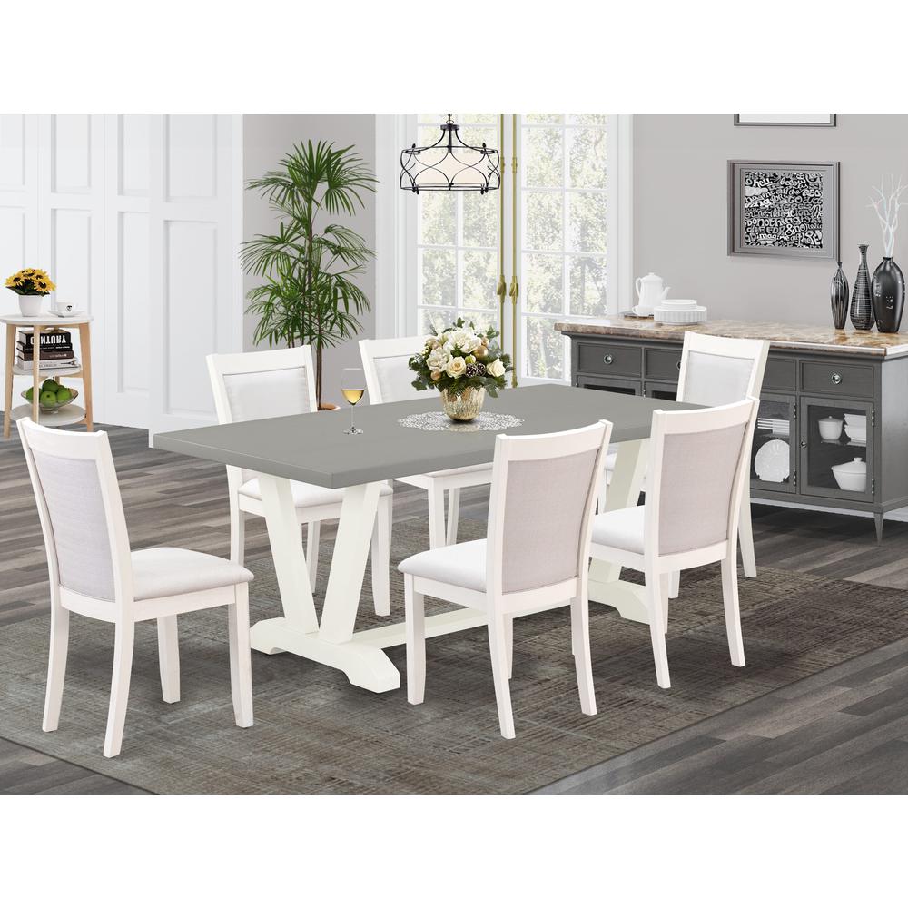 East West Furniture 7-Pc Dining Set Consists of a Dining Room Table and 6 Cream Linen Fabric Dining Room Chairs with Stylish Back - Wire Brushed Linen White Finish