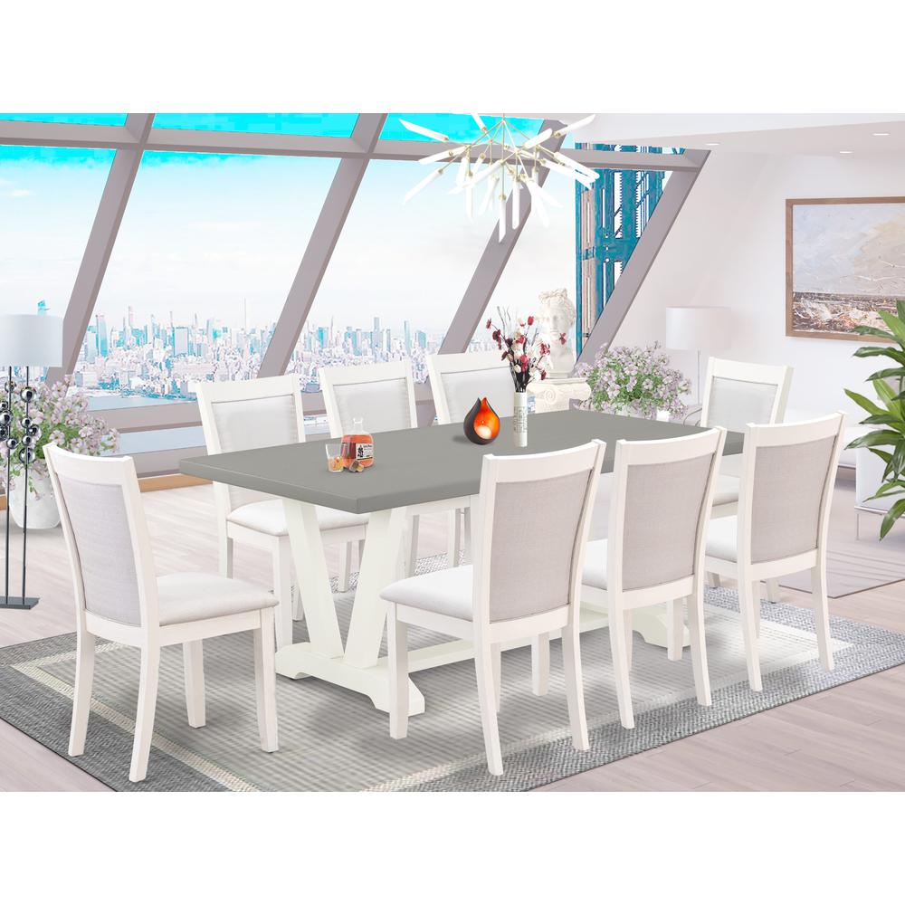 East West Furniture 9-Pc Modern Dining Table Set Consists of a Rectangular Table and 8 Cream Linen Fabric Dining Room Chairs with Stylish Back - Wire Brushed Linen White Finish