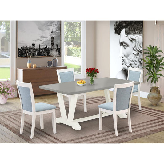 East West Furniture 5-Pc Dinner Dining Room Table Set Consists of a Wood Dining Table and 4 Baby Blue Linen Fabric Dining Room Chairs with Stylish Back - Wire Brushed Linen White Finish