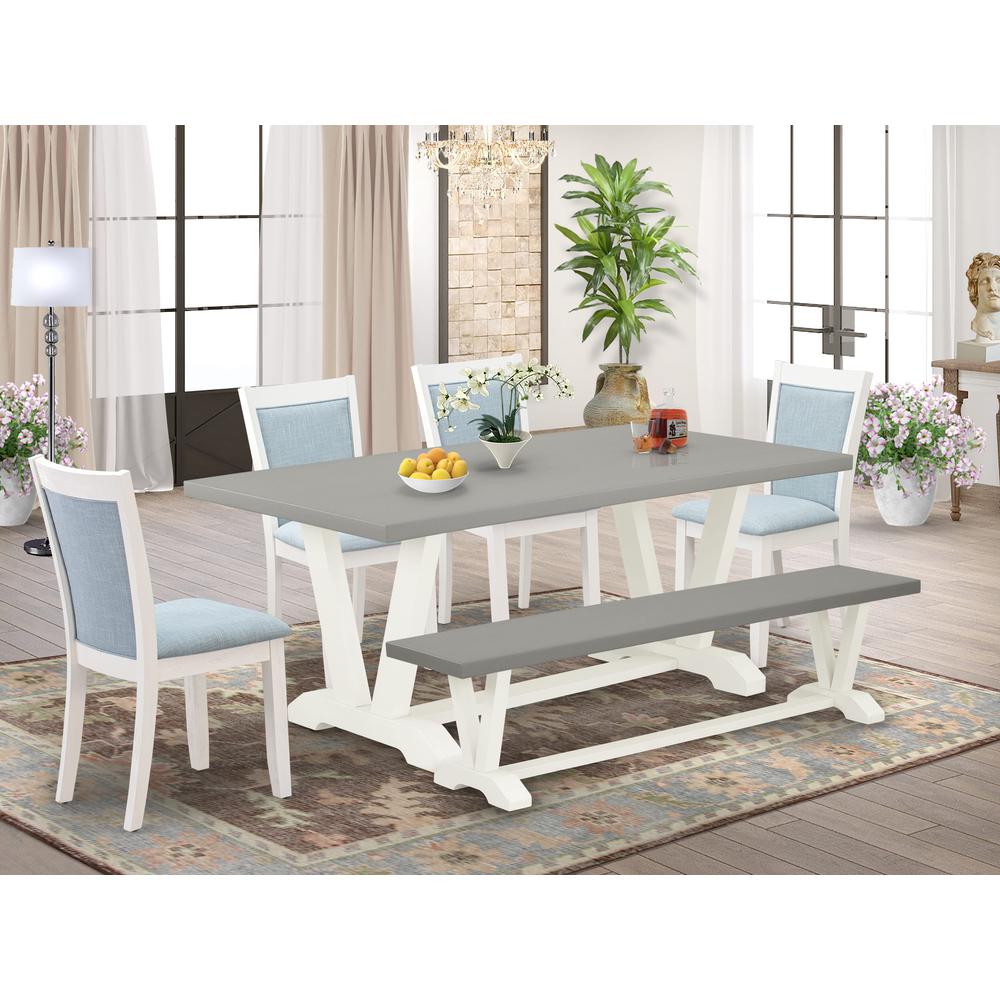 East West Furniture 6-Pc Dining Room Table Set Consists of a Kitchen Table - 4 Baby Blue Linen Fabric Parson Chairs with Stylish Back and a Wooden Bench - Wire Brushed Linen White Finish