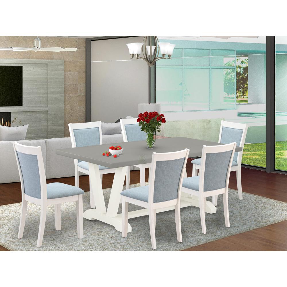 East West Furniture 7-Pc Dining Table Set Consists of a Modern Dining Table and 6 Baby Blue Linen Fabric Dining Chairs with Stylish Back - Wire Brushed Linen White Finish